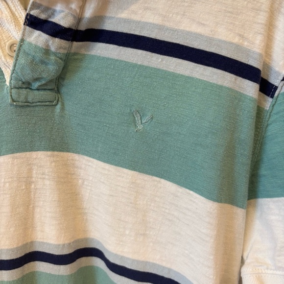 American Eagle 77 Green Blue White Striped Polo Shirt Sz M Preppy Y2K - Picture 5 of 5